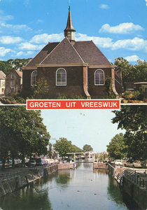 605513 Tweeluik met gezichten te Vreeswijk (gemeente Nieuwegein):- N.H. Kerk- Oude Sluis.